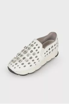 Leather sneakers with perforations and rhinestones