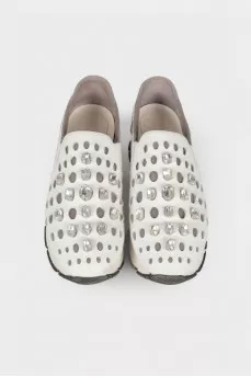 Leather sneakers with perforations and rhinestones