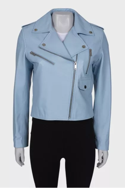 Blue leather jacket with tag