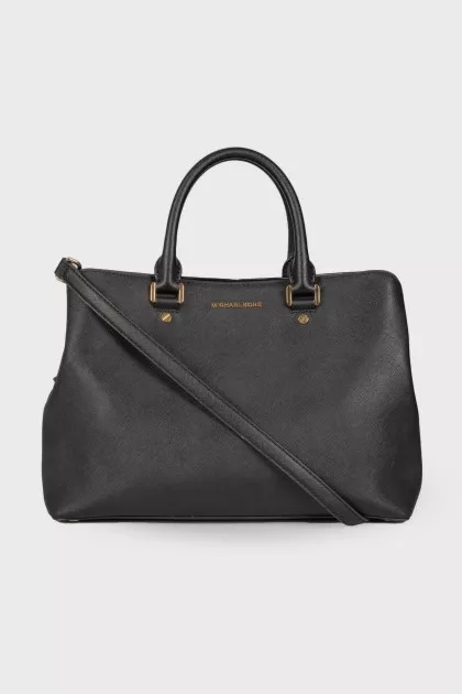 Black leather bag with brand logo