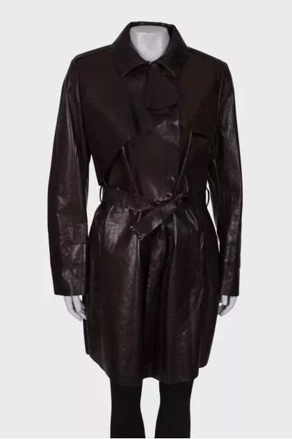 Dark brown leather trench coat