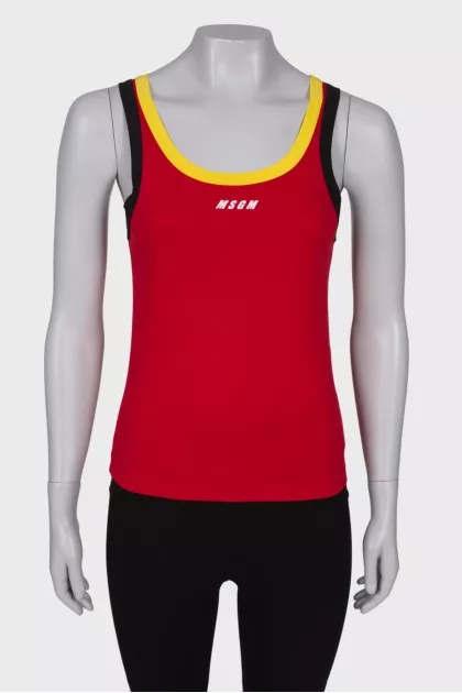 Red T-shirt with colored stripes