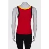 Red T-shirt with colored stripes