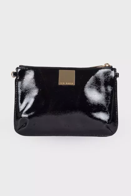 Lacquered black zip clutch