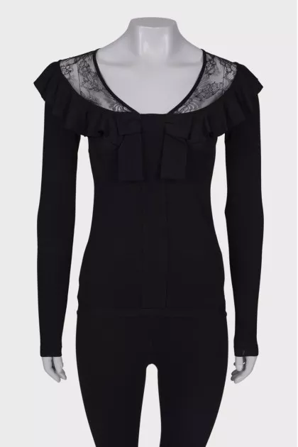 Blouse with wide neckline and bow