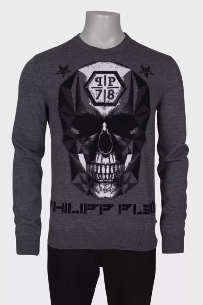 Men's sweater with print and leather patches
