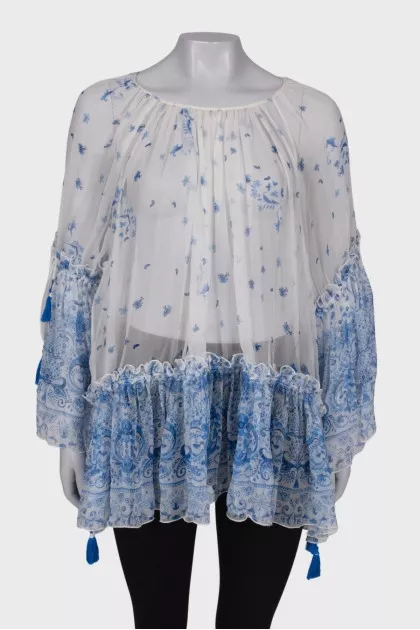White blouse in blue floral print
