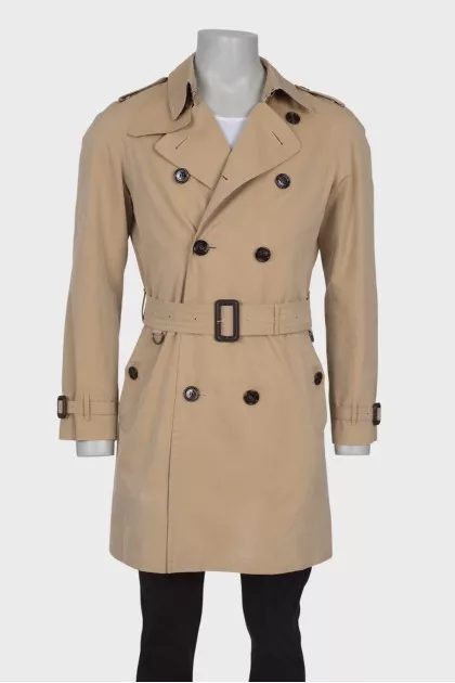 Men's beige trench coat with a belt