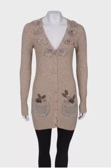 Wool cardigan with floral patches
