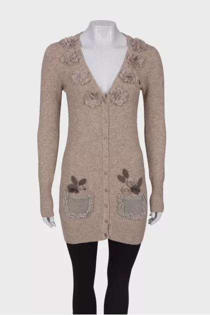 Wool cardigan with floral patches