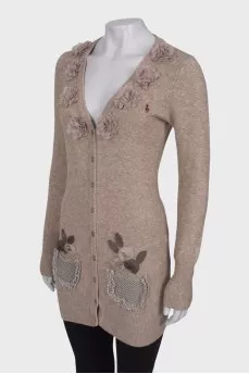 Wool cardigan with floral patches