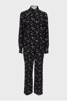 Black suit in white print with tag