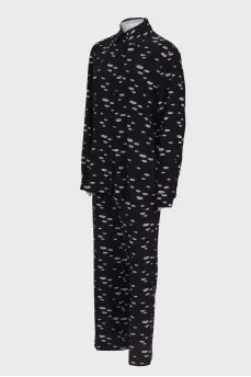 Black suit in white print with tag