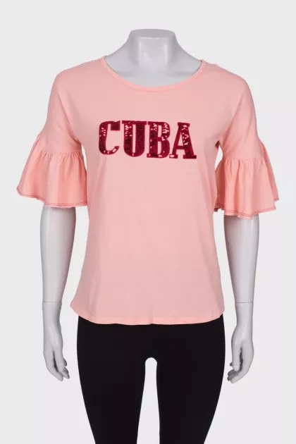 Pink T-shirt with ruffle sleeves