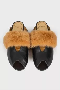Leather mules with mink fur