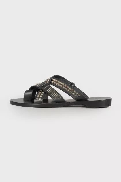 Leather slippers with metal rhinestones