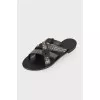 Leather slippers with metal rhinestones