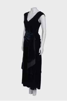 Black and blue velor dress with drape