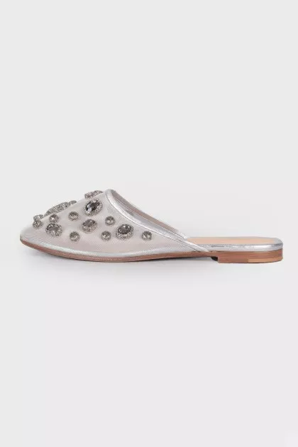Silver mules with rhinestones