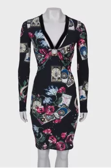 Black V-neck print dress 
