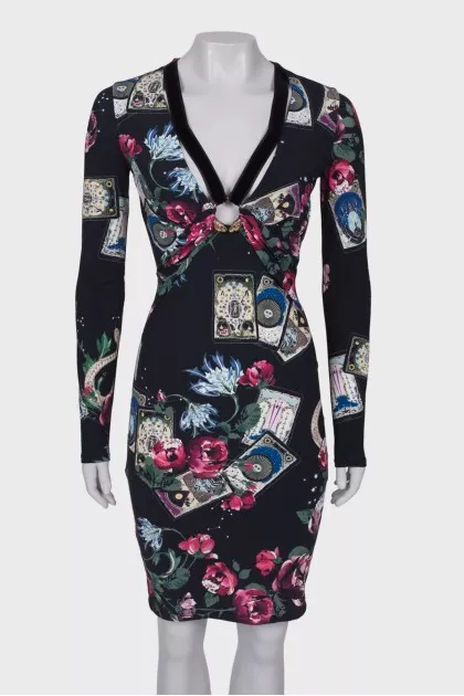 Black V-neck print dress 