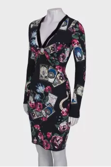 Black V-neck print dress 