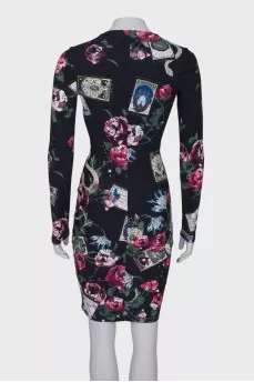 Black V-neck print dress 