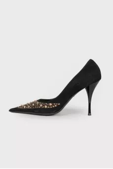 Suede shoes with golden rhinestones