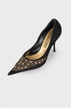 Suede shoes with golden rhinestones