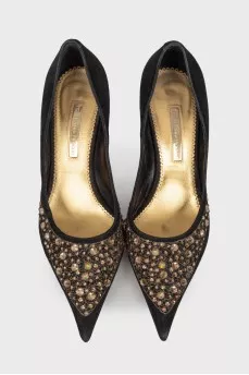 Suede shoes with golden rhinestones