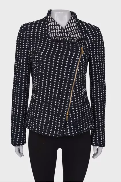 Tweed jacket with diagonal zipper