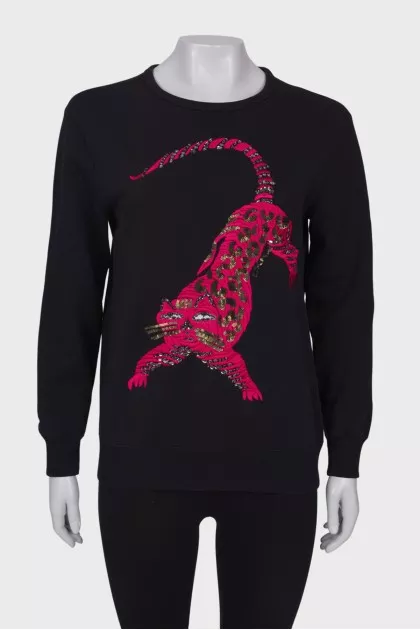 Black sweatshirt with embroidery and rhinestones