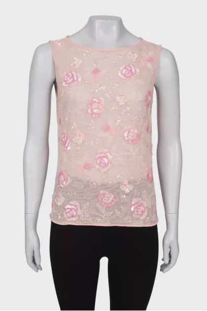 Translucent top embroidered with sequins