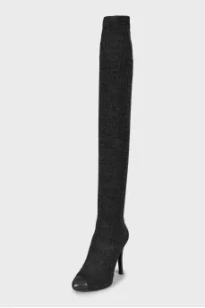 Embossed textile over the knee boots