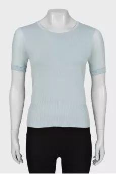 Blue top with translucent sleeves