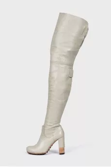 Light gray leather over the knee boots
