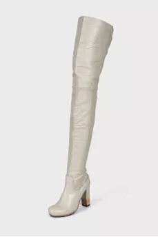 Light gray leather over the knee boots