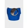 Blue leather belt with tag
