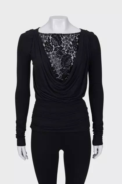 Black blouse with drapery and lace