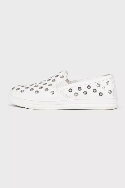 Leather slip-ons with metal rhinestones