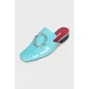 Blue patent leather mules