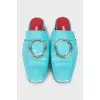 Blue patent leather mules