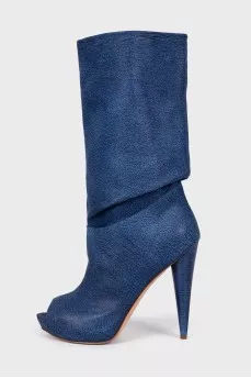 Синие сапоги с открытым носком 