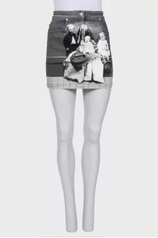 Printed denim mini skirt