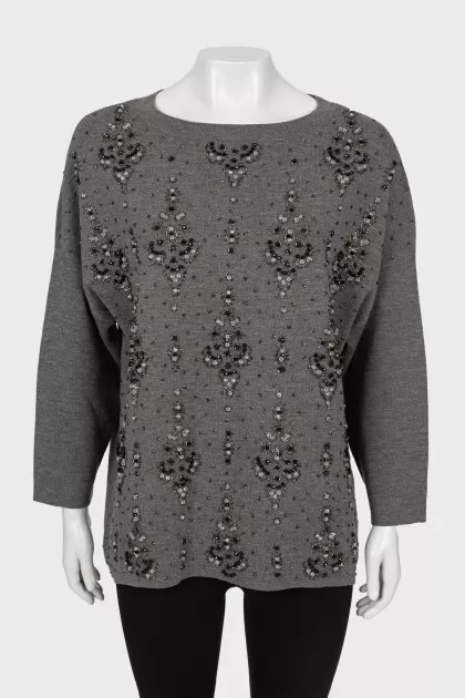 Wool sweater with beaded embroidery