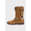 Suede boots with printed textiles