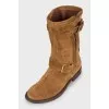 Suede boots with printed textiles