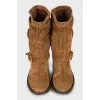 Suede boots with printed textiles