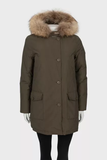 Green parka with raccoon fur