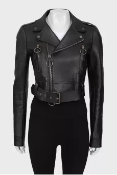 Cropped leather jacket with back print